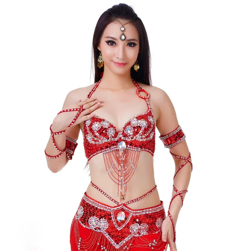 Dazzling Beaded Belly Dance Bra & Belt 2-Piece Costume Outfit Set