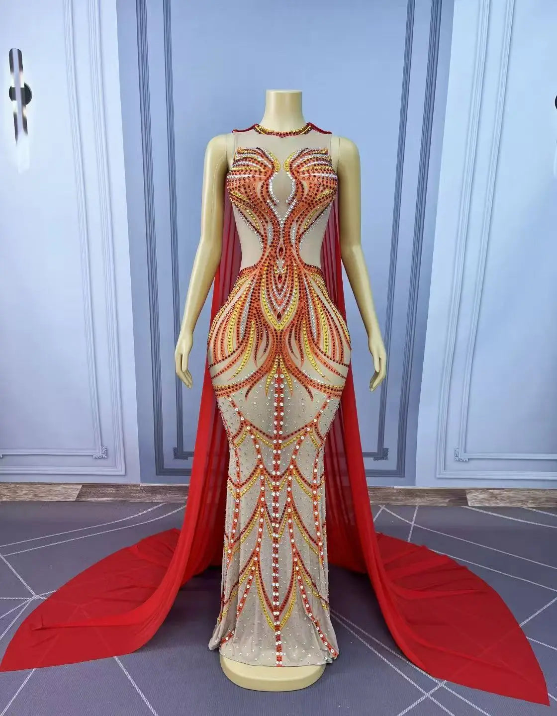 Women's Rhinestone Mesh Cloak Gown | Elegant Shining Stage Dress for Red Carpet, Prom & Birthday