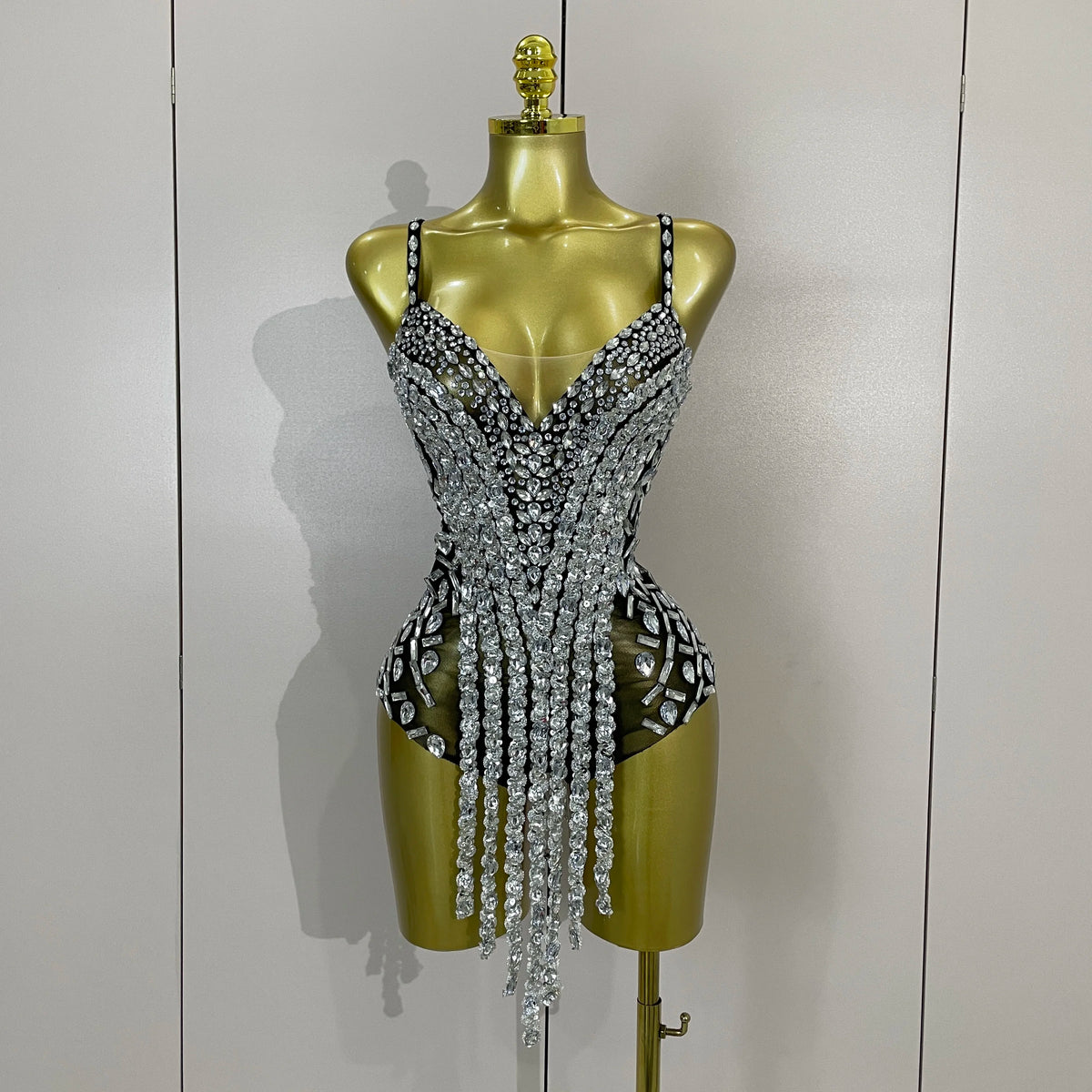 Rhinestone Long Tassel Mesh Bodysuit