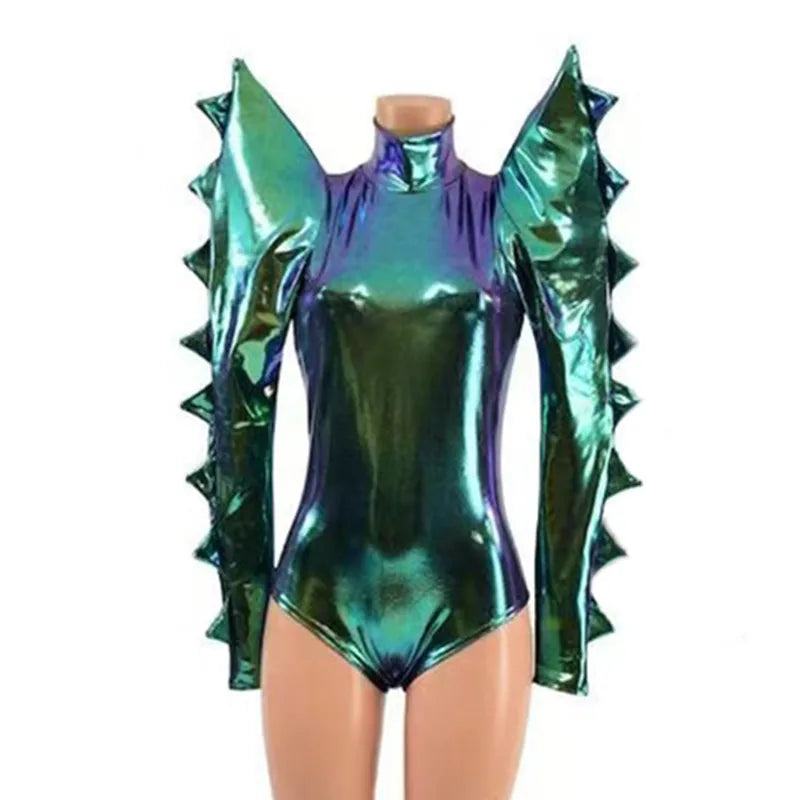 Metallic Armor Bodysuit & Trailing Bustle Skirt 2-Piece Stage Performance Costume Set