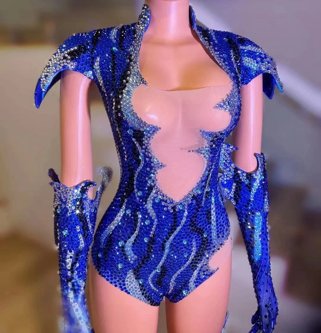 parkly Rhinestone Bodysuit Set Showgirl Stage Dance Costume with Gloves & Hat