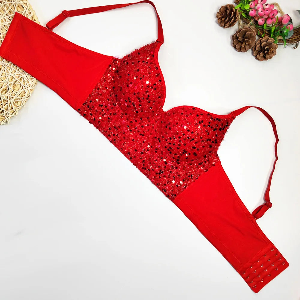 Sequined Glitter Bustier Crop Top & Beaded Stage Camisole