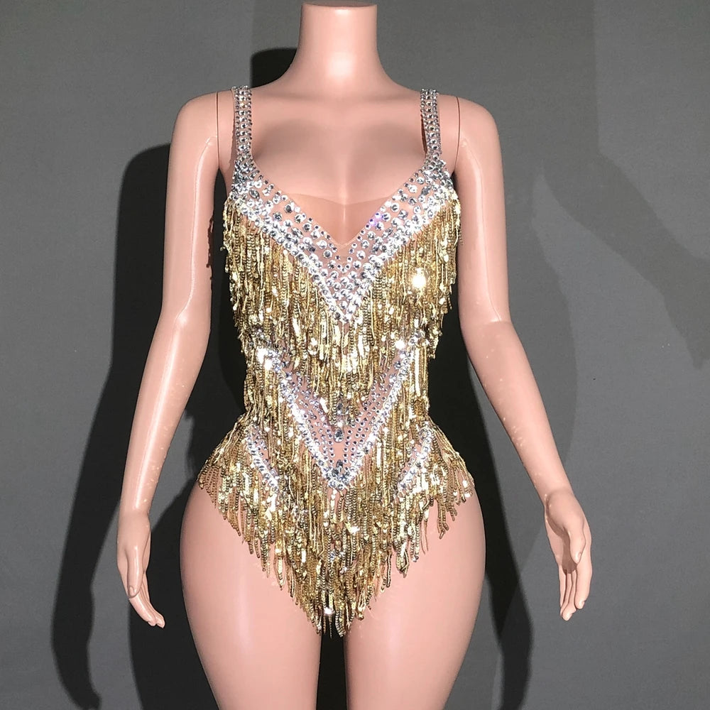 Sparkly Rhinestone & Tassel Bodysuit Stage Performance Dance Costume