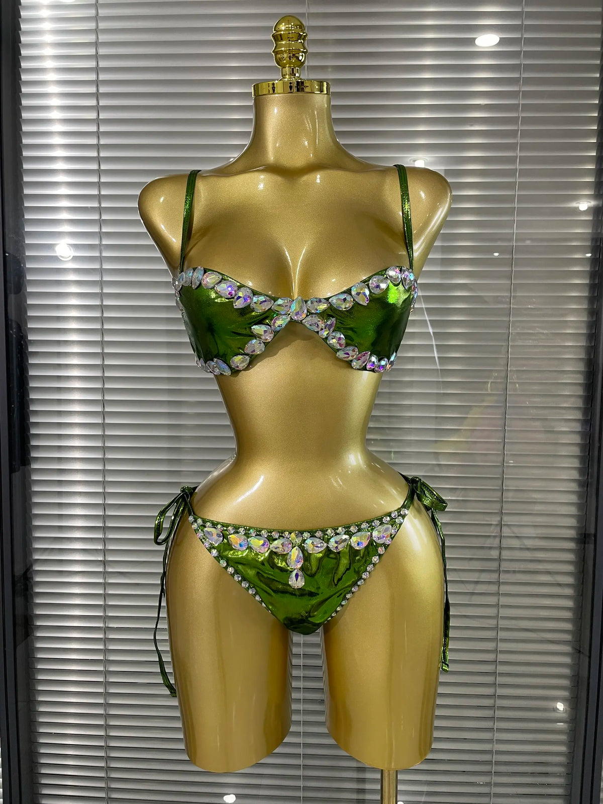Green Color Women Sexy Shining Rhinestones 2 Pieces Costume Set Showgirl Stage Performance Swimwear