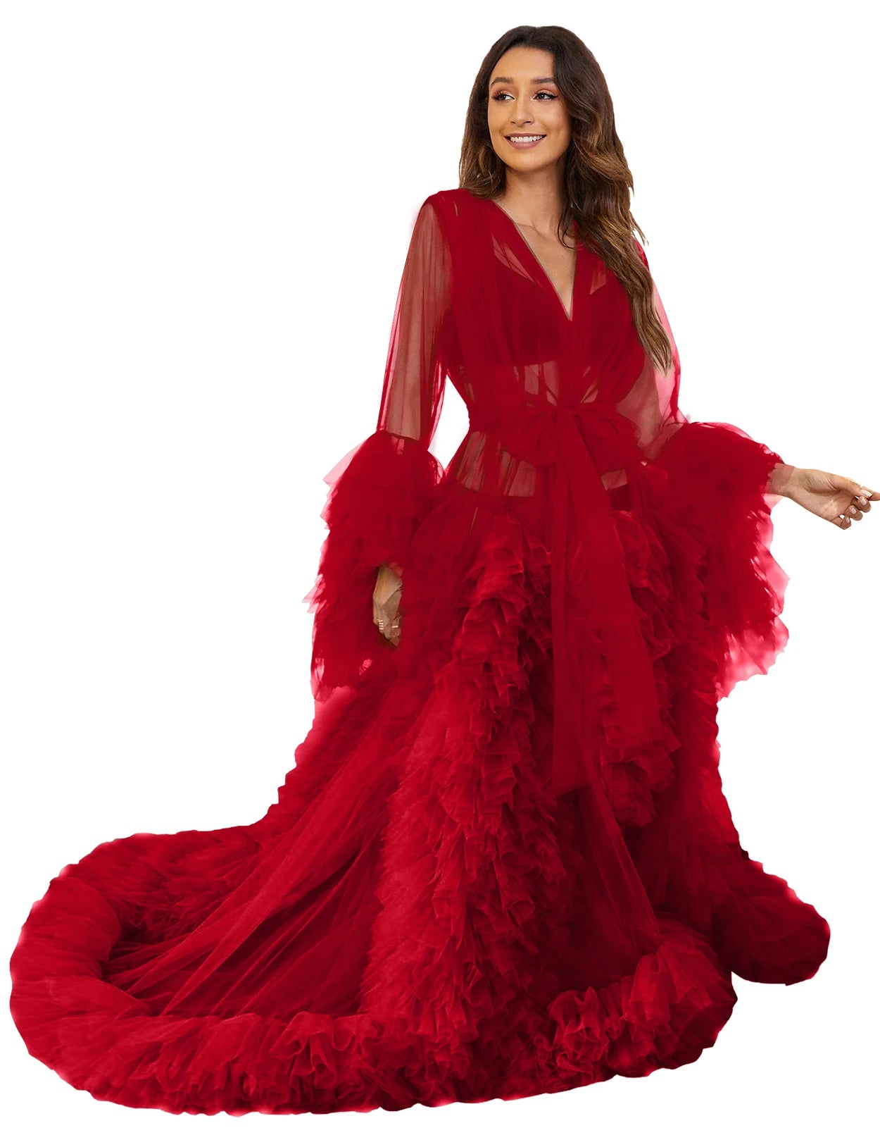 Voluminous Illusion Tulle Ruffle Long Robe Dressing Gown