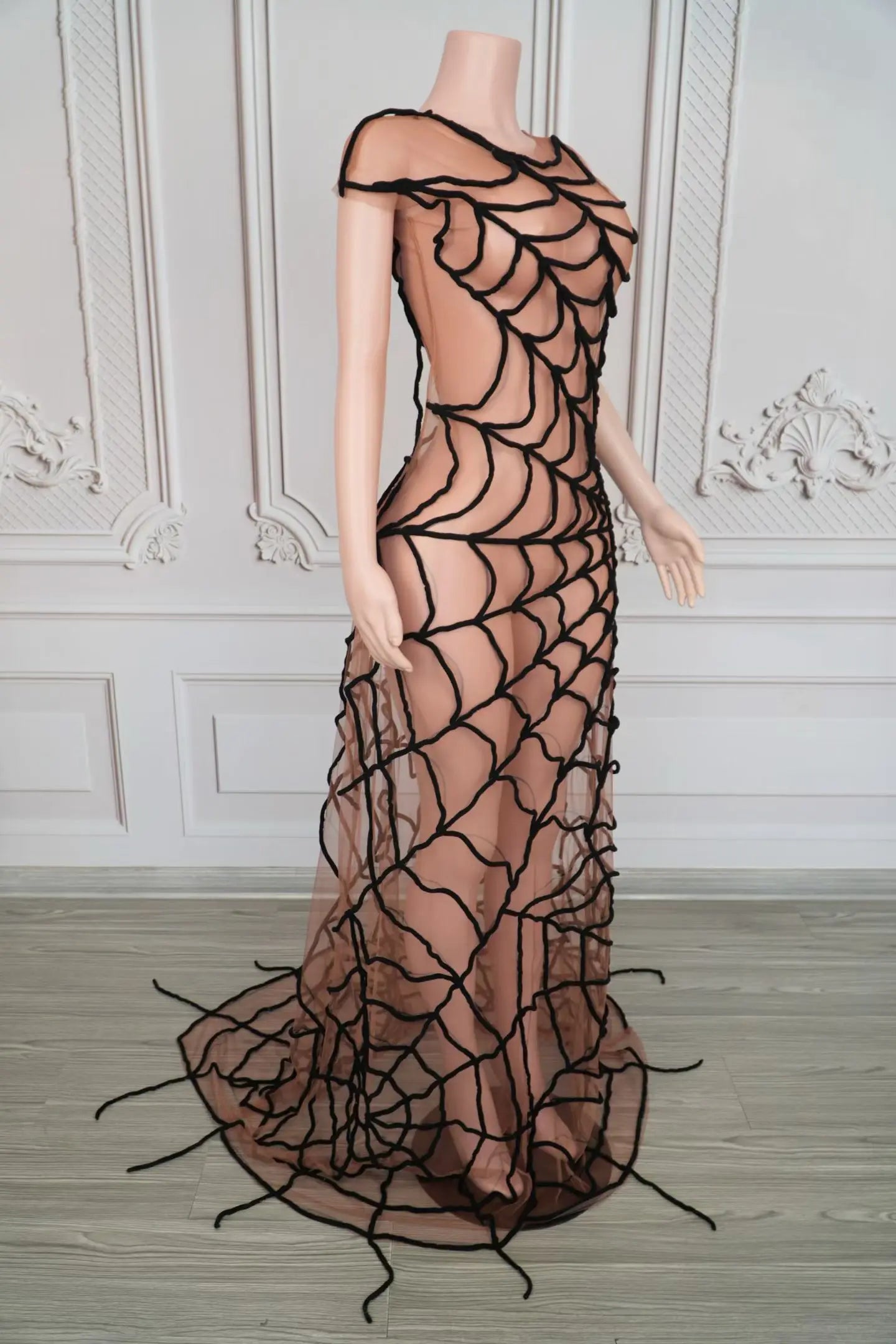 Dramatic Spider Web Crystal Mesh Floor-Length Sheath Dress Stage Costume