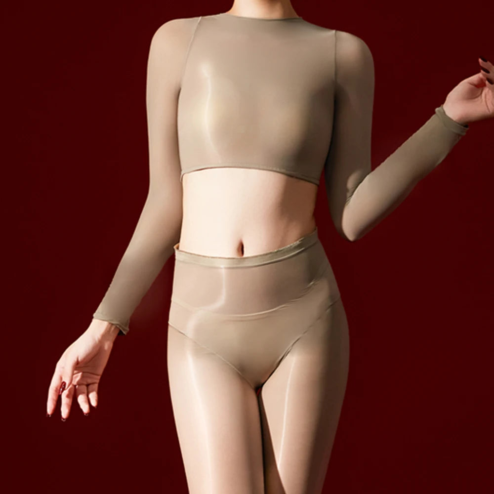 Sexy Women 5D 912 Pin Oil Glossy Shiny Short Top Elastic T-shirt Sheer See Through Maid Tights Crop Tops Yoga Street Wear