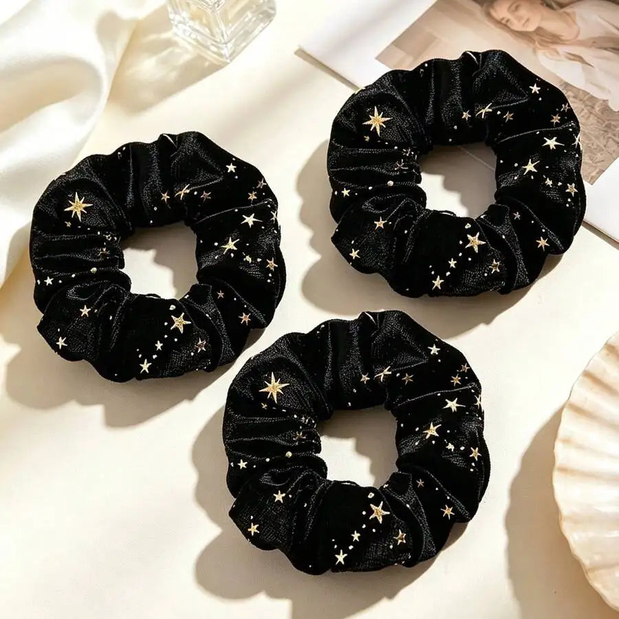 Vintage-Inspired Velvet Gold Star Hair Scrunchies 6-Piece Set