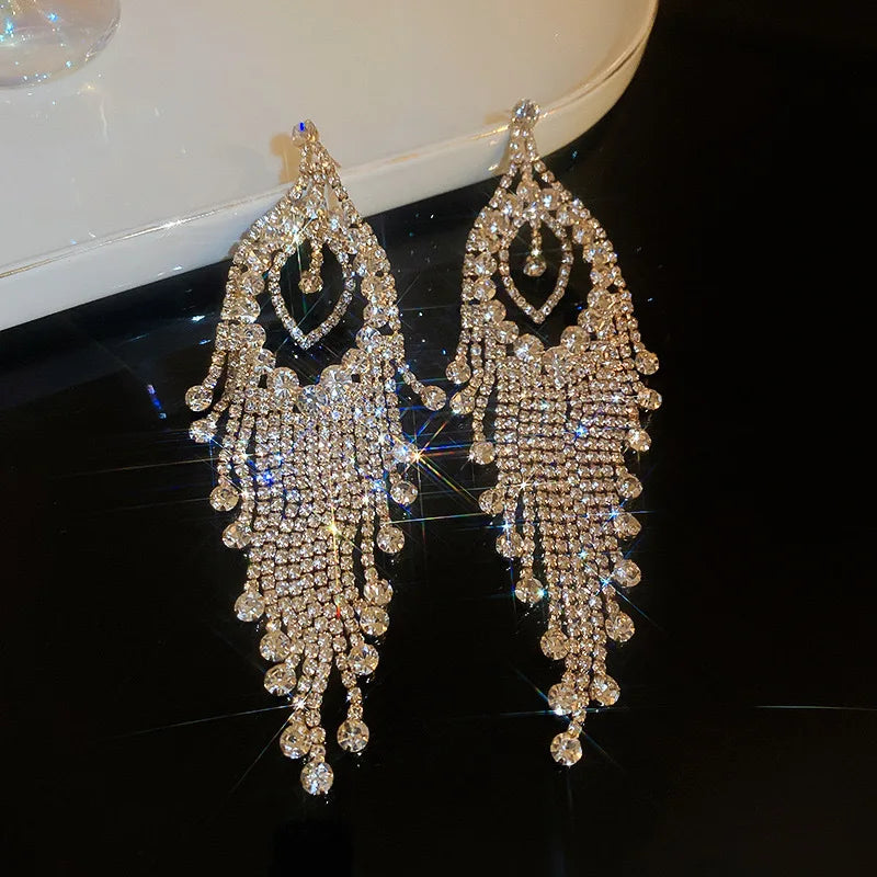 Teardrop Rhinestone Tassel Drop Earrings