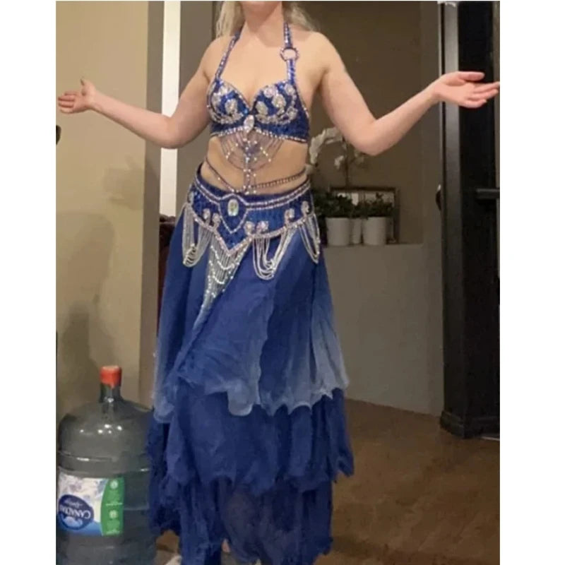 Dazzling Beaded Belly Dance Bra & Belt 2-Piece Costume Outfit Set