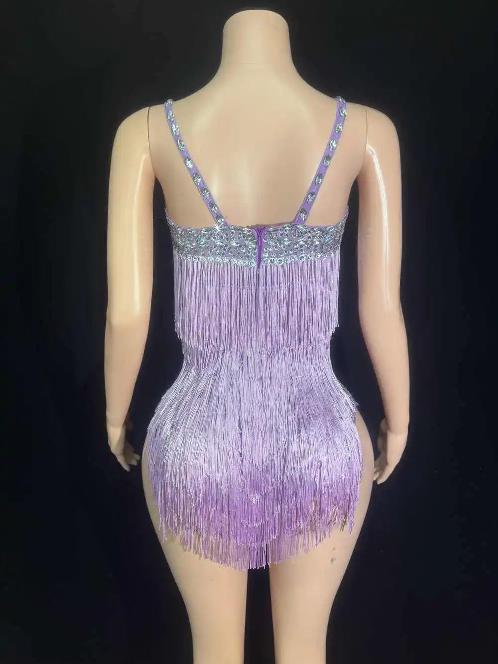 Sparkly Rhinestone & Tassel V-Neck Bodysuit Stage Performance Costume