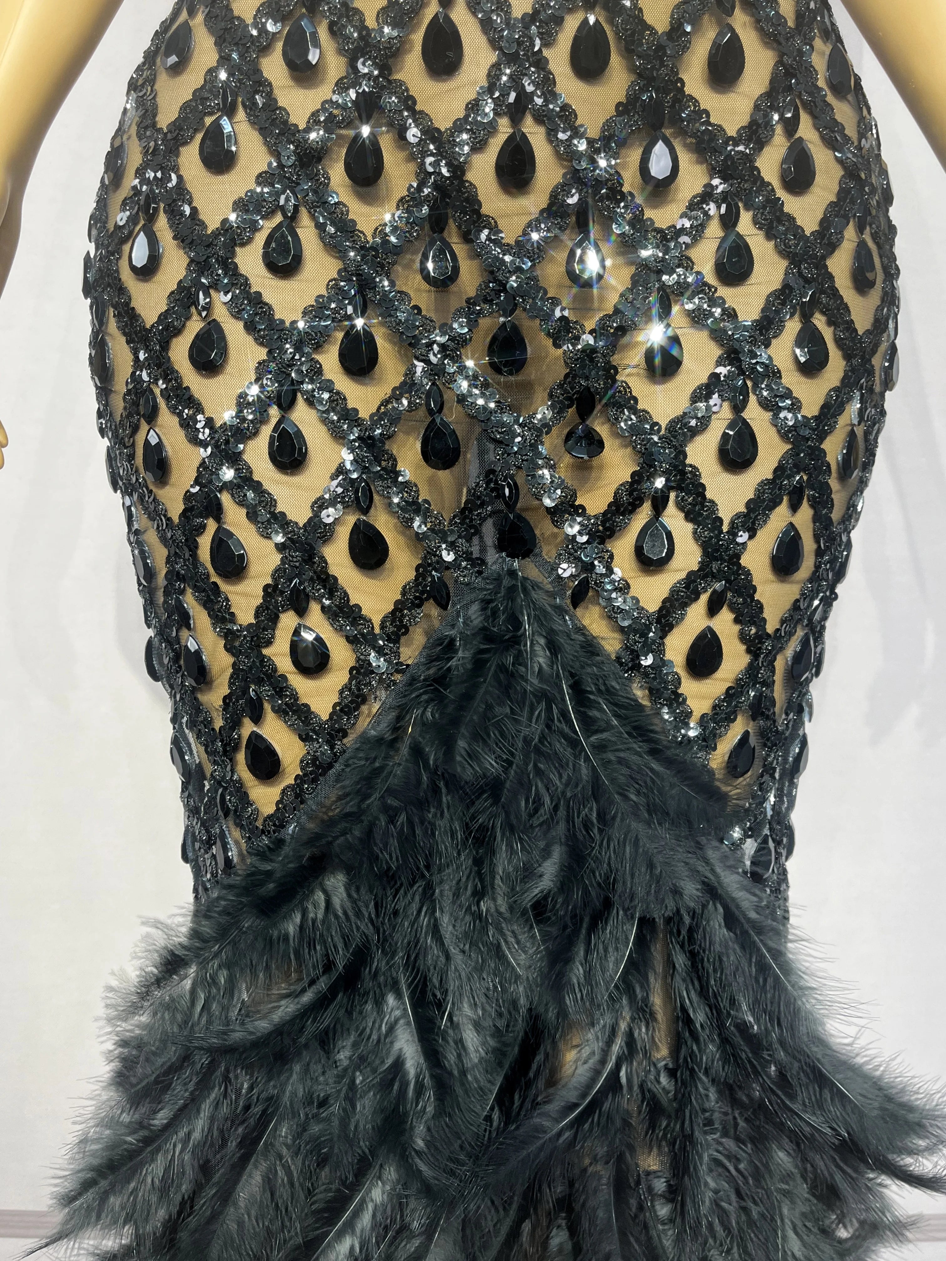 Sparkly Rhinestone Feather Sheer Mesh Evening Gown Stage Fashion Show Outfit