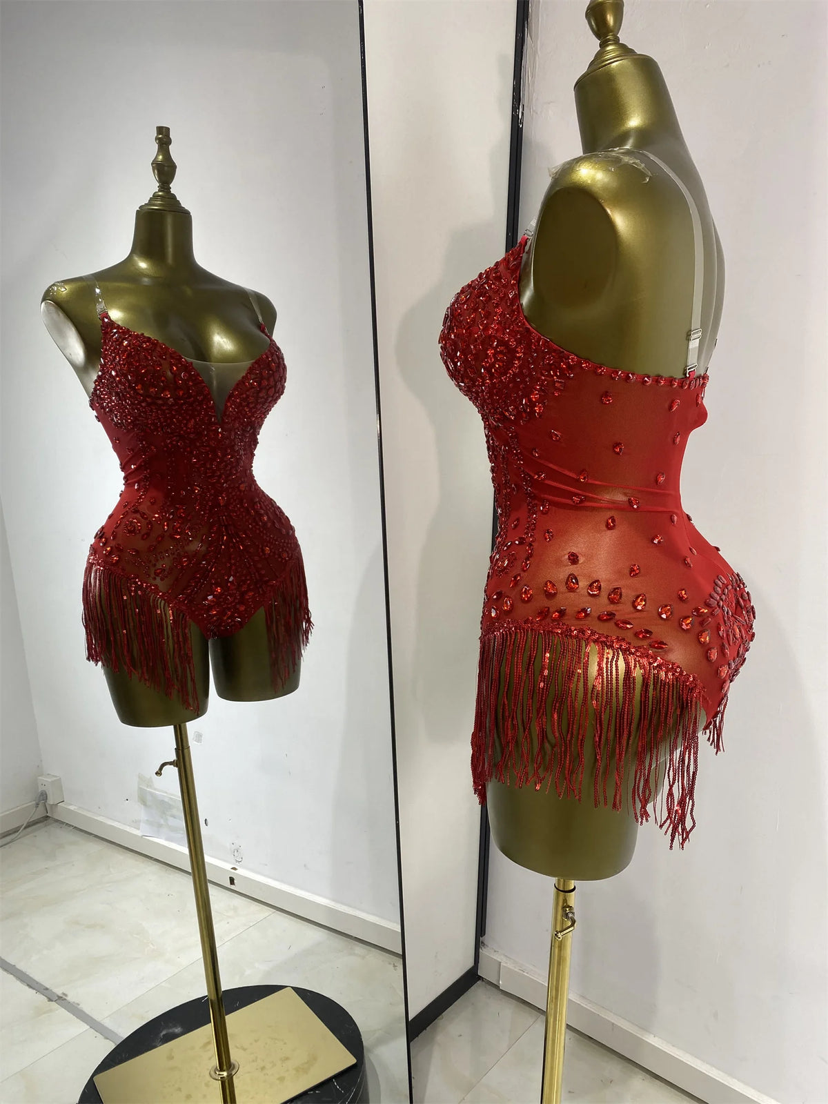 Vintage-Inspired Shiny Rhinestones Tassel Mesh Bodysuit Costume Set