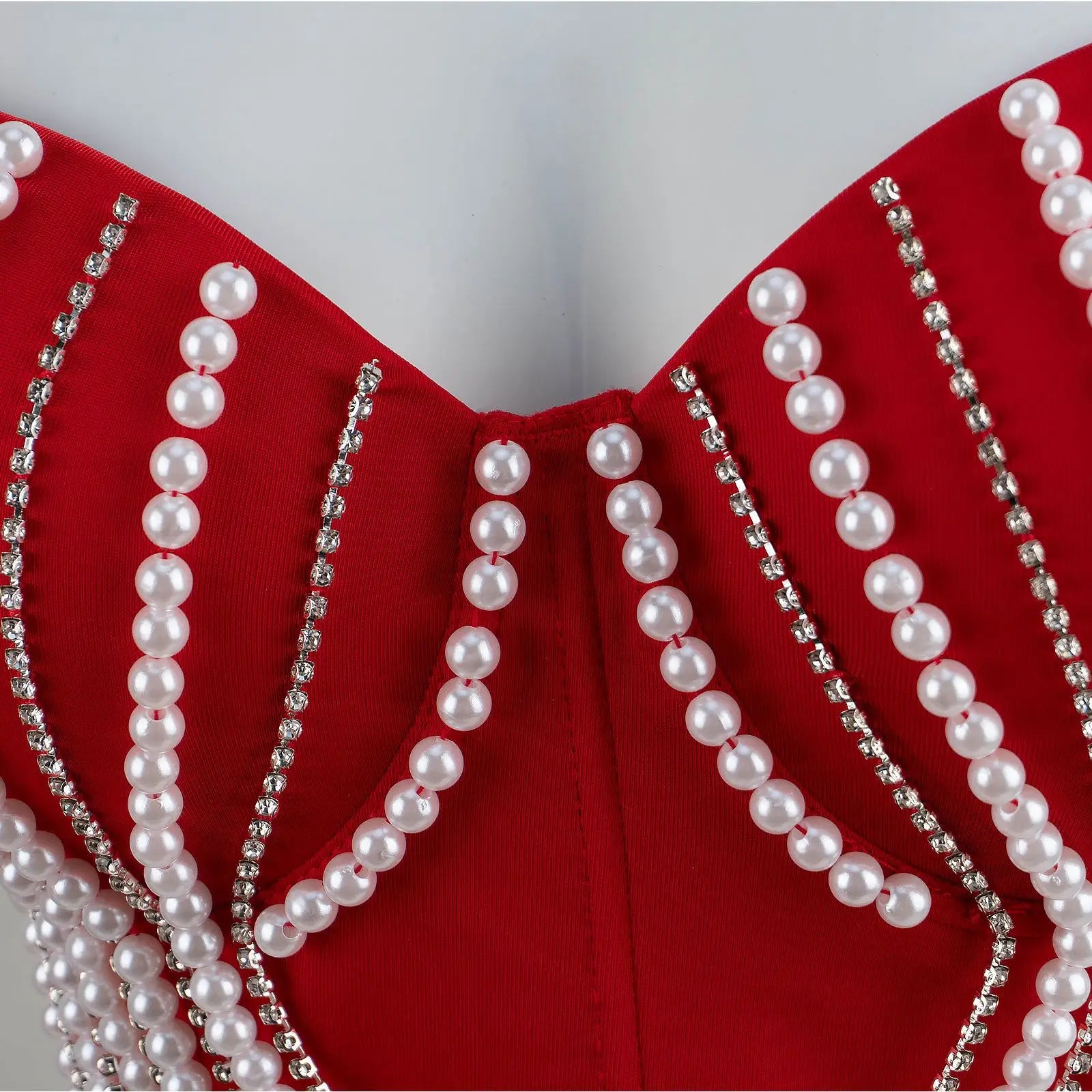 Pearl & Diamond Embroidery Chain Bustier Corset Crop Top Stage Party Bralette