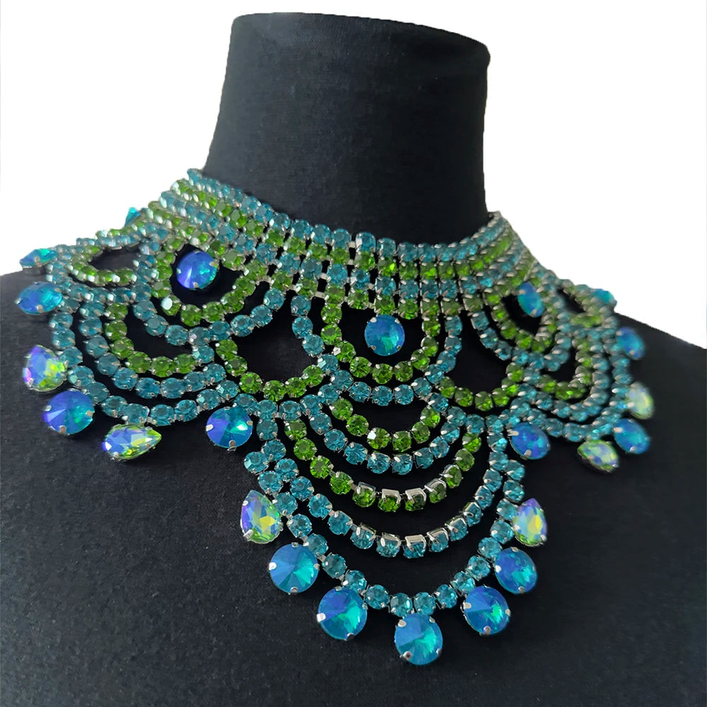 Oversized Aqua & Light Green Crystal Rhinestone Choker Drag Queen Pageant Necklace