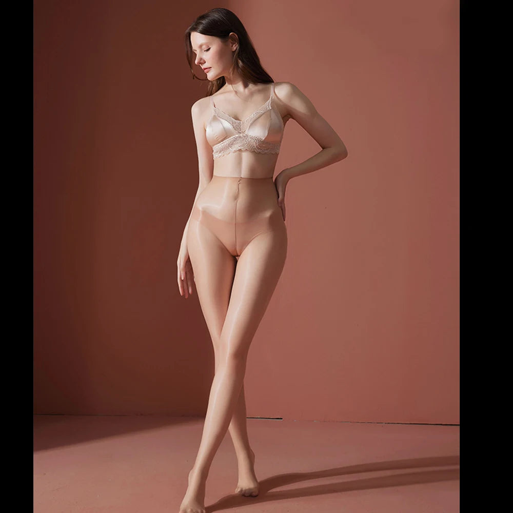 Sexy Men Sheer See Through Open Close Sleeve COCKring Stockings Sexy Tight Stockings Oil Glossy Shiny Pantyhose Maid Wear