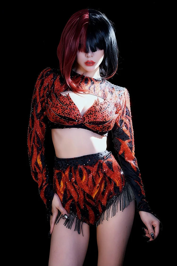 Crimson Red Crystal Cutout Crop Top & Shorts 2-Piece Stage Dance Costume Set
