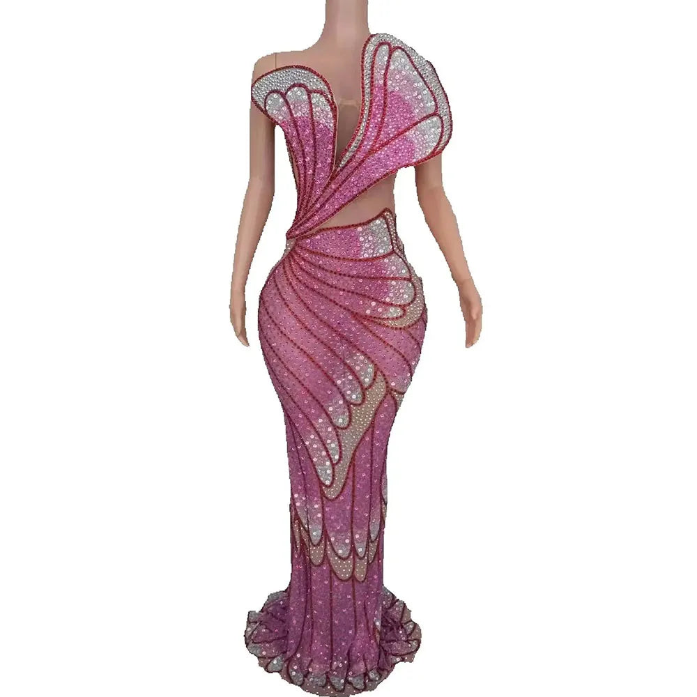 Women's Rhinestone Mesh Transparent Long Dress | Luxury Gown for Prom, Red Carpet & Birthday