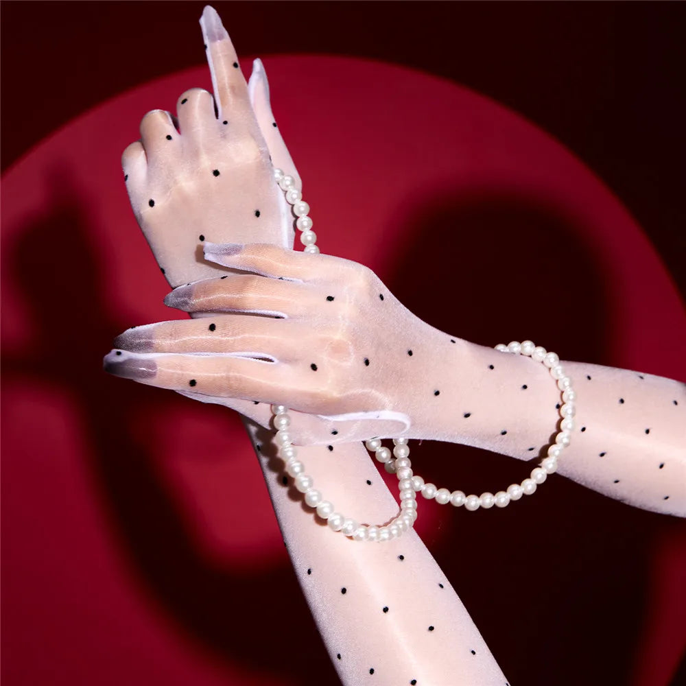 Sexy Women 1D Dot Ultra Thin Five Finger Long Glove Oil Shiny Glossy Sun Protection Glove Elastic Party Wedding Luxury Glove