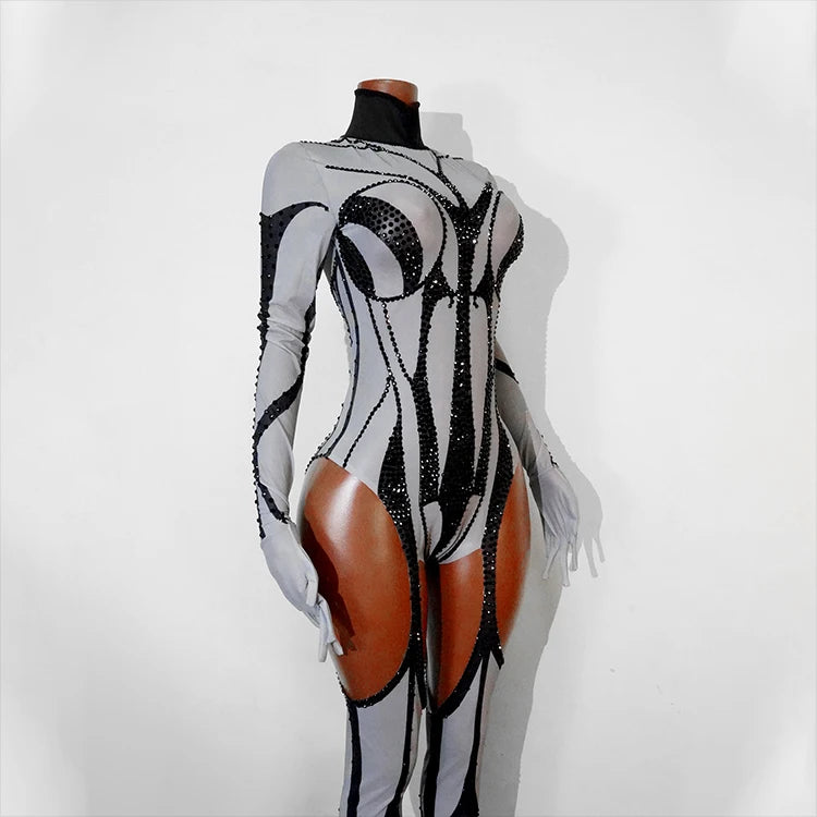 Rhinestone Mesh Jumpsuit Costume Set