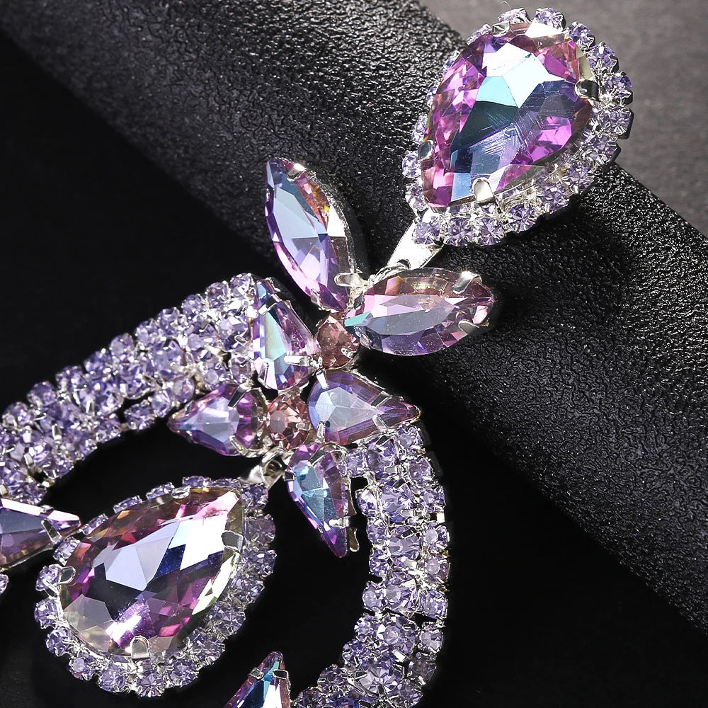 Purple Teardrop Rhinestone Statement Earrings
