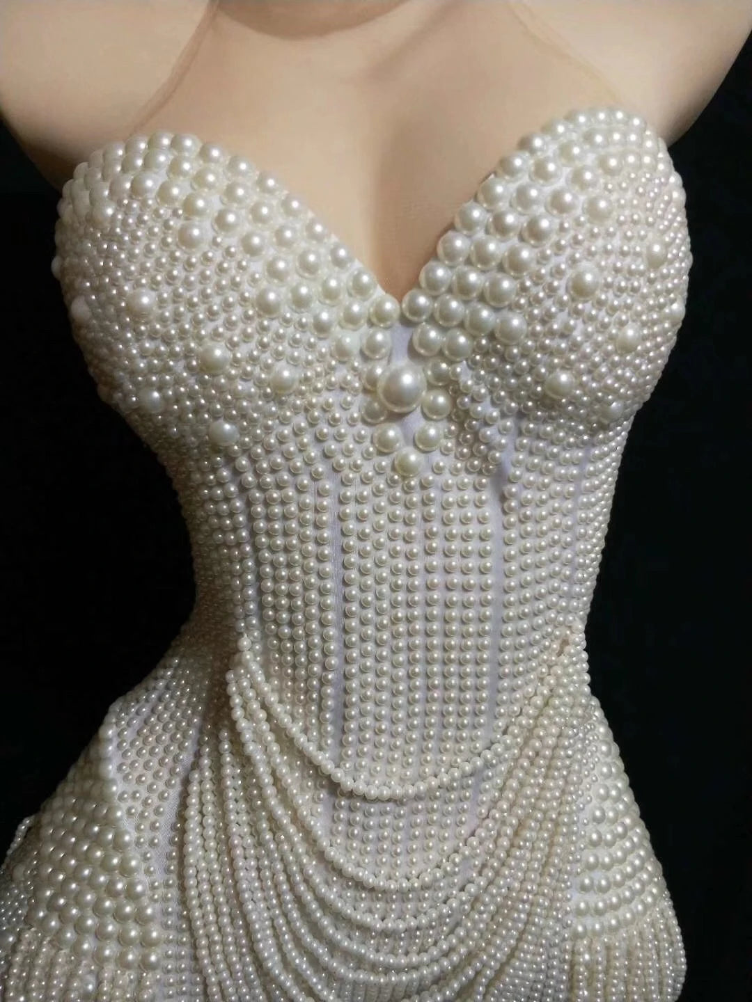 The Stardust Pearl Cascade Bodysuit – Luxury Beaded Tassel Showgirl Costume