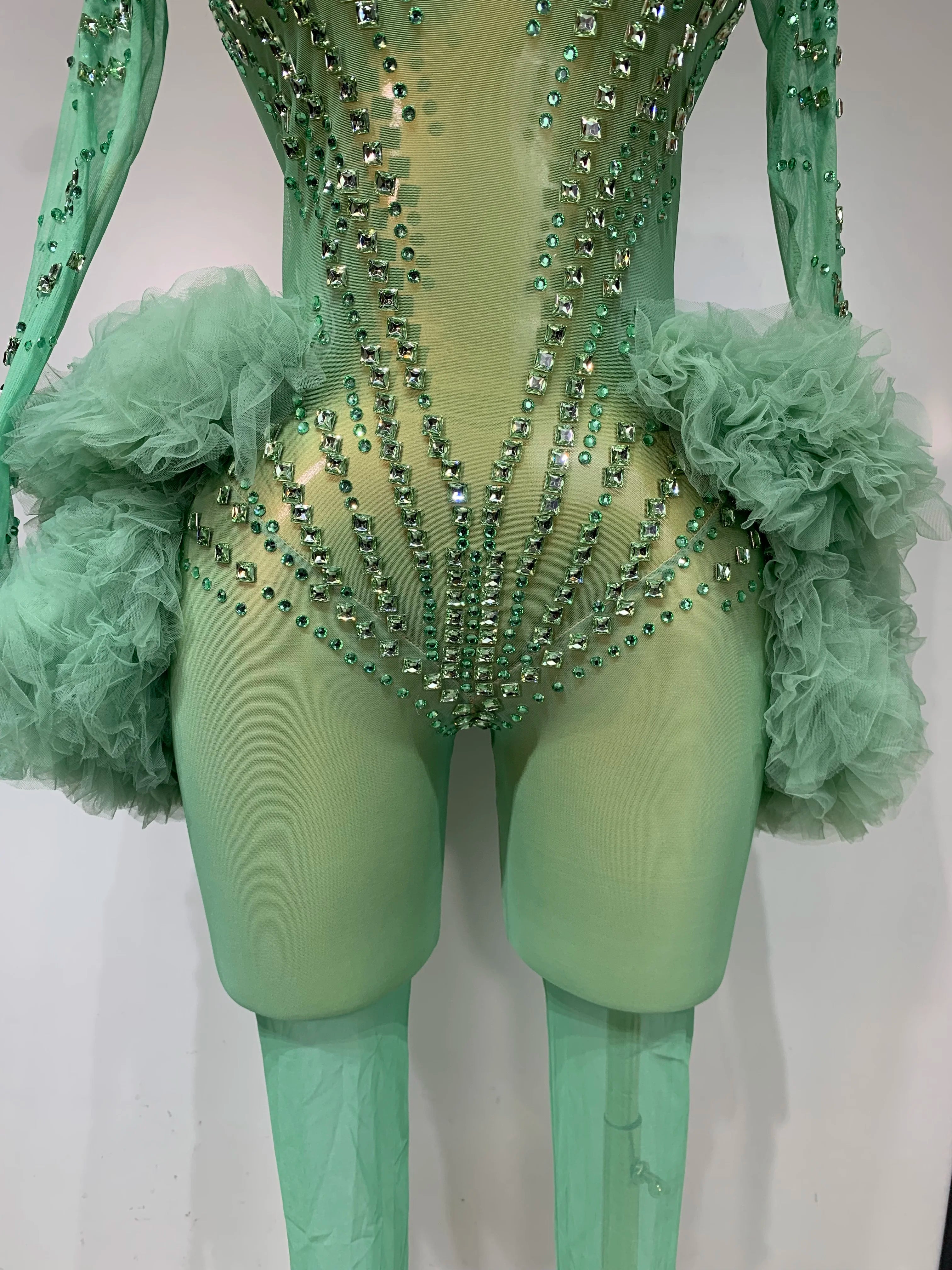 Luxury Green Diamonds Mesh See-Through Long Sleeve Jumpsuit Stage Performance Costume