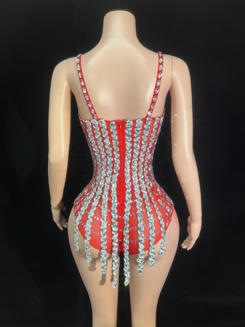 Sparkly Rhinestone Sequin Tassel Bodysuit Stage Performance Dance Leotard