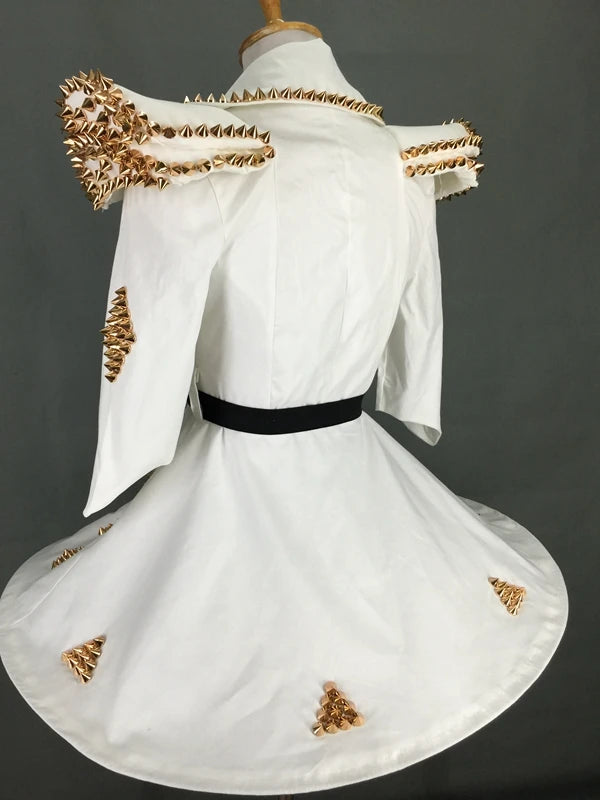 White Faux Leather Studded Stage Dress & Fluffy Skirt Pop Singer Costume Set