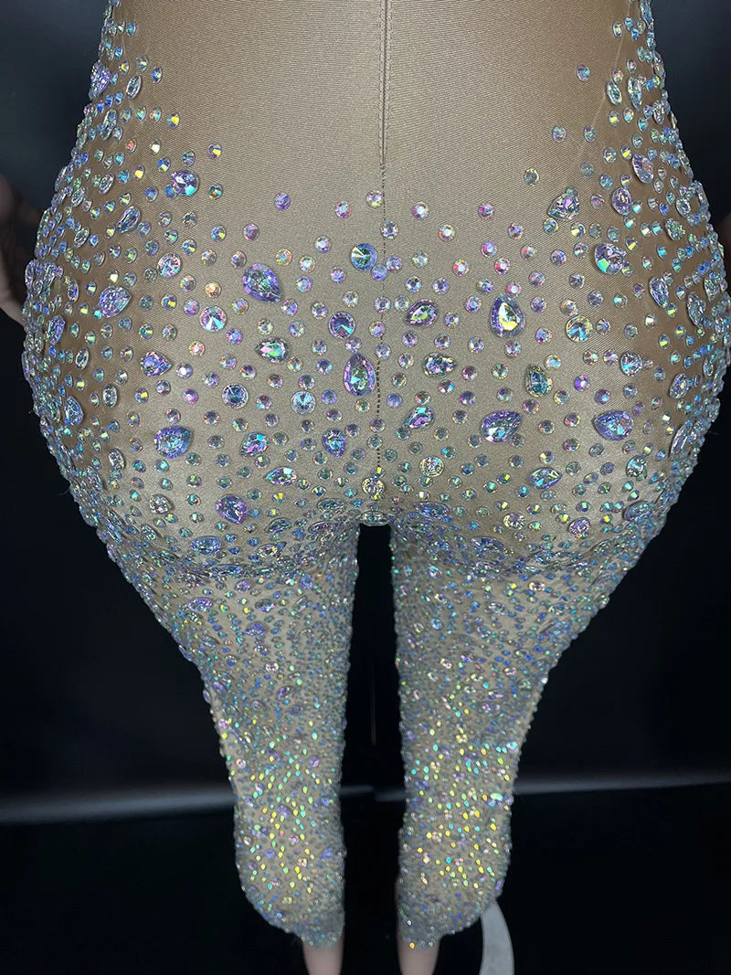 Women's Rhinestone Mesh Jumpsuit | Sheer Party & Stage Outfit
