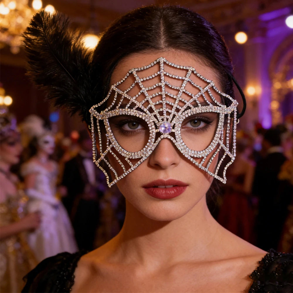 Black Feather Rhinestone Face Veil