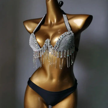 High-Fashion Crystal Mesh Bikini Set – Dazzling Rhinestone Bling Swimsuit & Showgirl Swimwear for Stage Performances & Raves