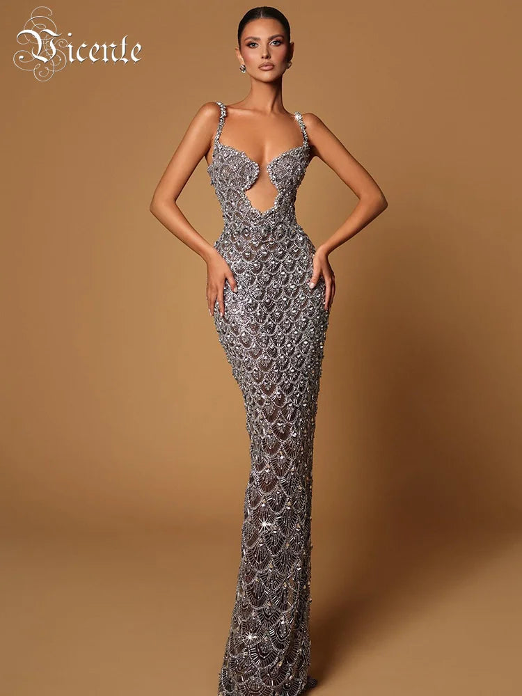 Silver Sequin Plunge Backless Maxi Dress