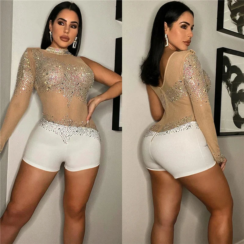 Sparkly Rhinestones Mesh Romper
