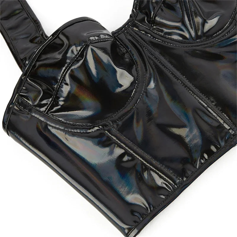 Black Shiny PU Leather Halter Corset Crop Top Push-Up Bustier Gothic Bra