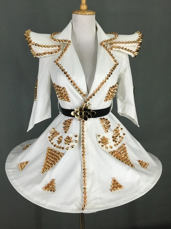White Faux Leather Studded Stage Dress & Fluffy Skirt Pop Singer Costume Set