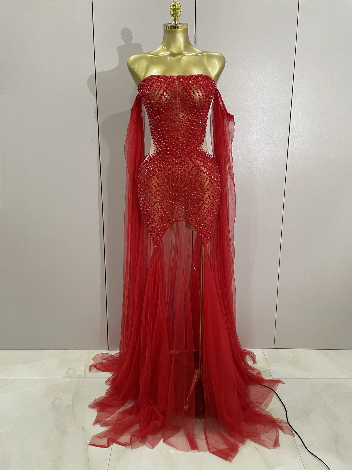 Luxury Birthday Evening Party Dress Elegant Sparkly Rhinestone Pearl Sexy Strapless Mesh Long Dress Prom Wedding Guest Gowns