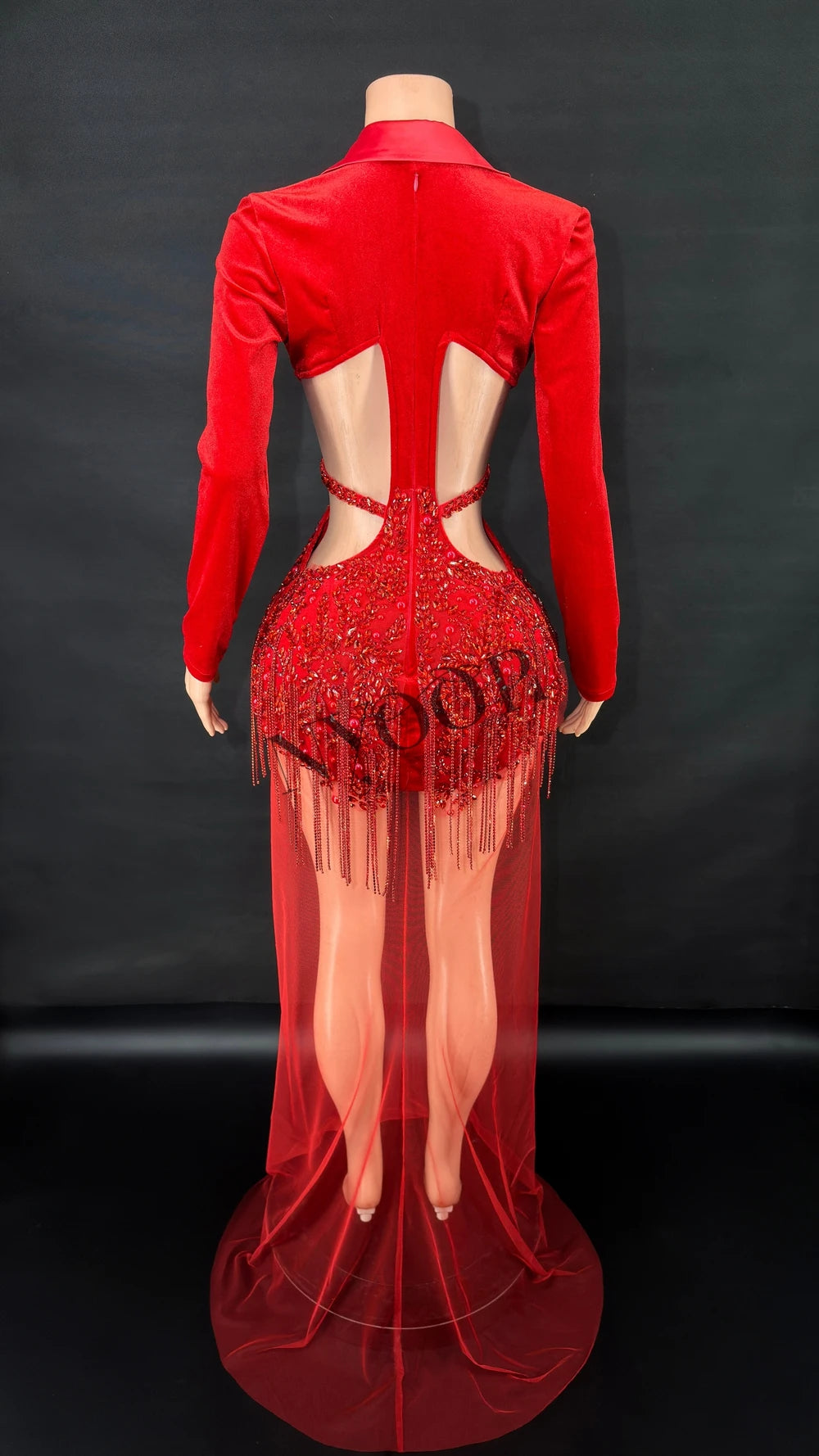 Sparkly Red Rhinestone Sheer Mesh Long Evening Gown Stage Performance Costume