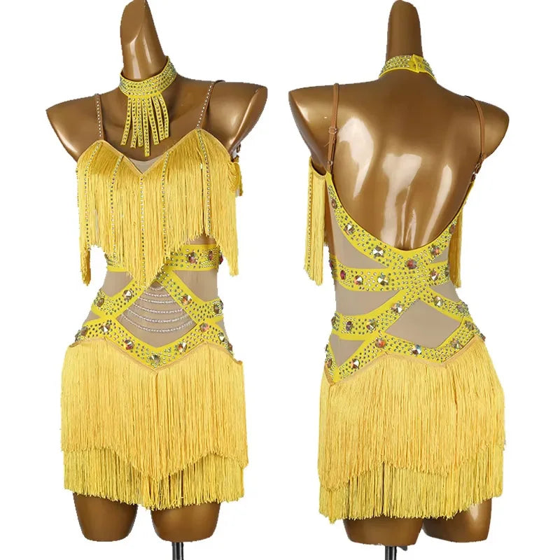 Professional Latin Dance Competition Dress & Tassel Fringe Performance Outfit
