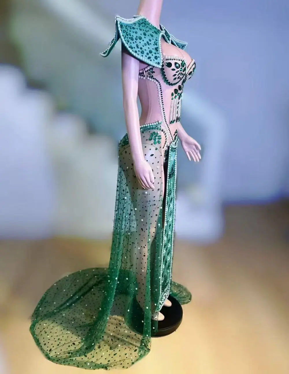 Emerald Green Rhinestone Mesh Bodysuit & Sculpted Peacock Cloak Stage Costume Set