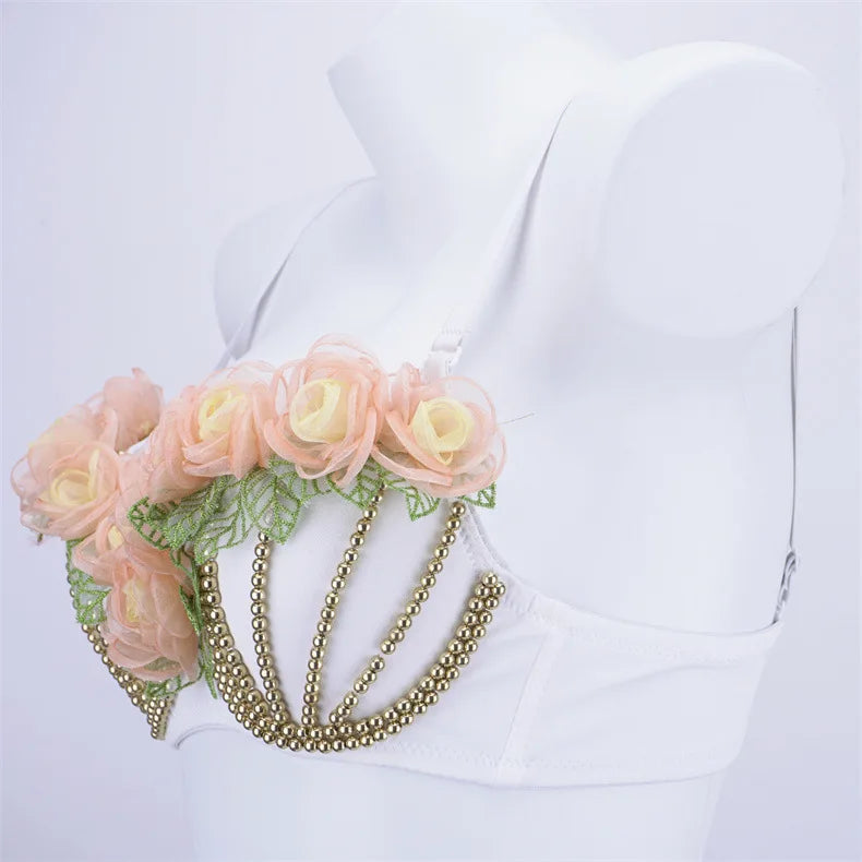 Organza Floral & Pearl Bustier Bra Top | Kawaii Stage & Nightclub Bralette