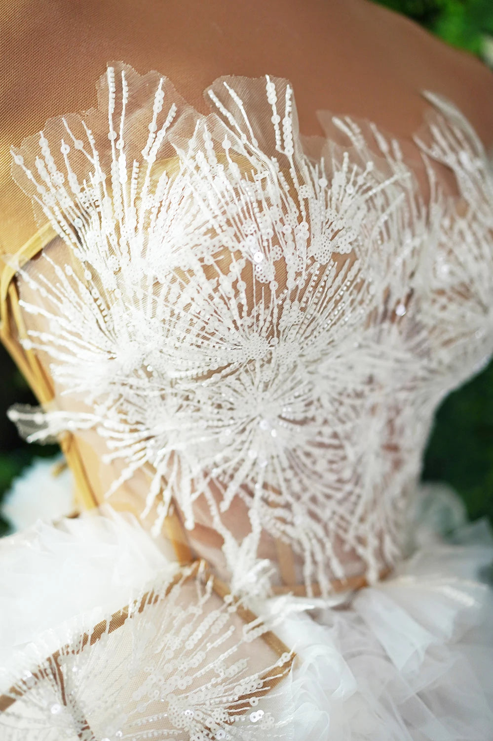Sparkly White Pearl Sequin Tube Top & Feather Mini Skirt 2-Piece Stage Costume Set
