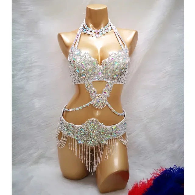 Samba Beaded Belly Dance Costume Set – Women's Bra & Waist Belt for Carnival, Stage & Performance