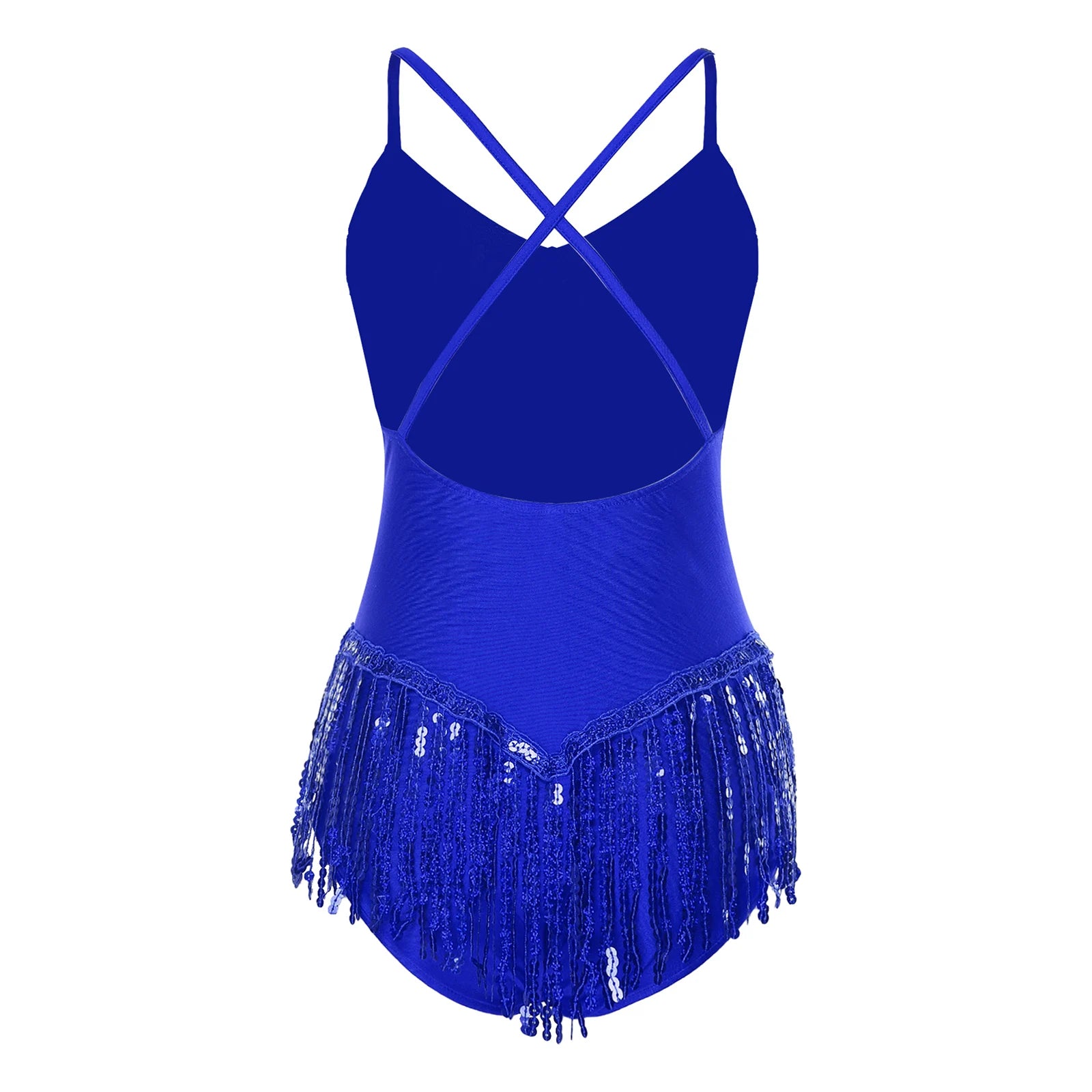 Sequins Fringed Cross Back Latin Dance Leotard Sleeveless V-Neck Bodysuit