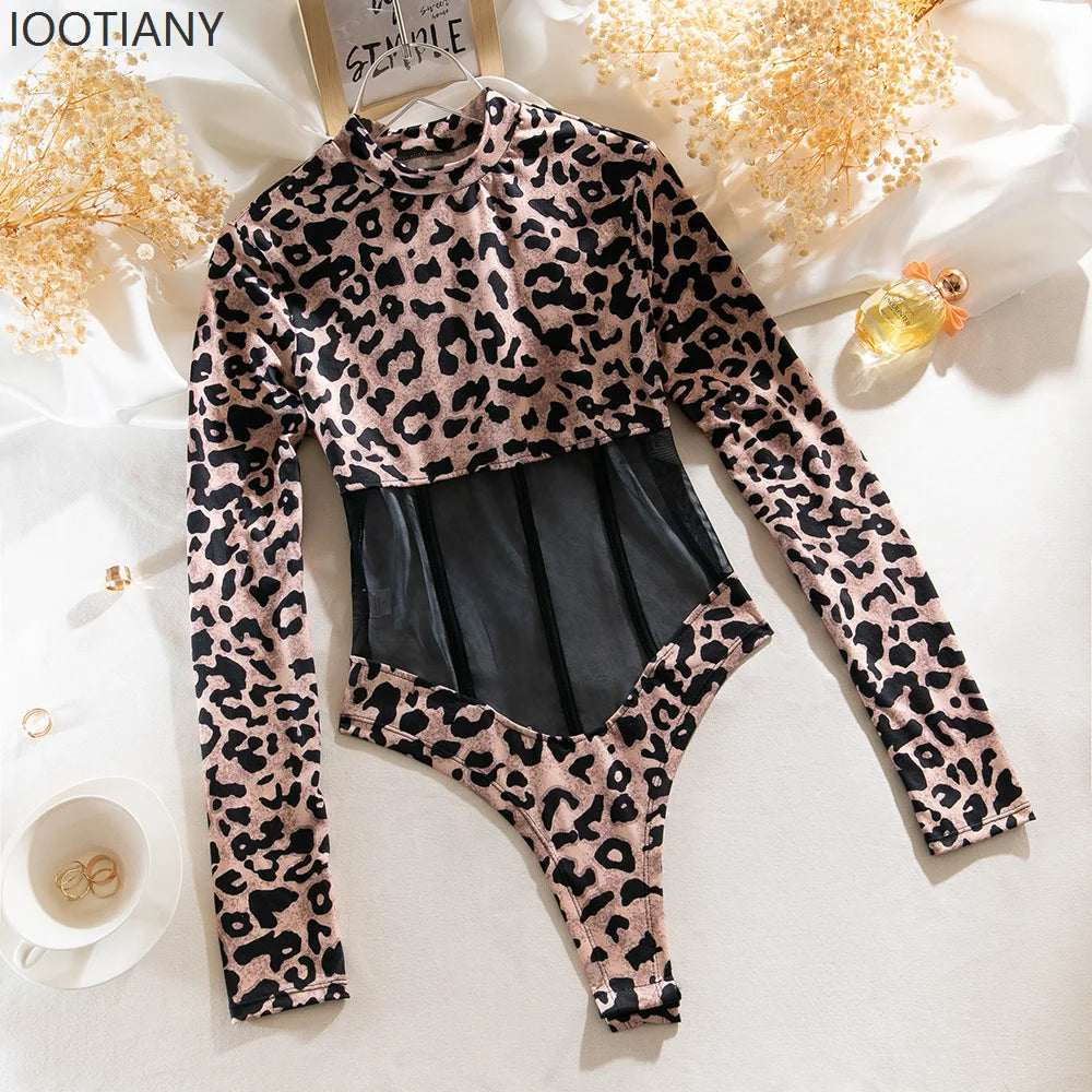 Leopard Print Sheer Mesh Corset Bodysuit Long Sleeve Stage Performance Dancewear
