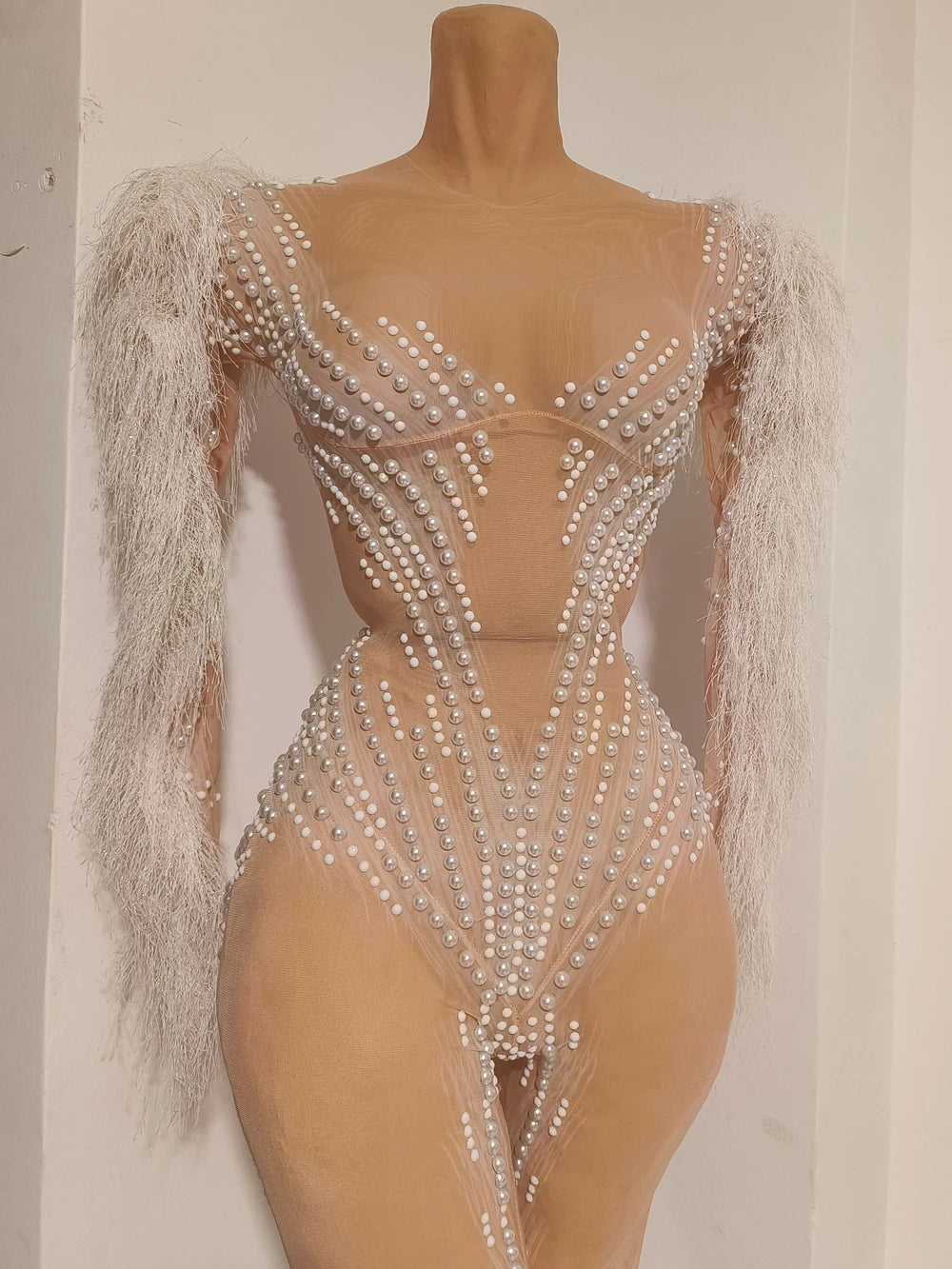 Sparkly Pearl Rhinestone Tassel Sleeve Mesh Jumpsuit Showgirl Stage Catsuit