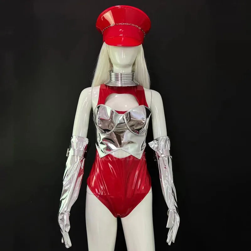 Crimson Red & Laser Silver Foil Bodysuit, Gloves & Beret Hat Stage Dance Costume Set
