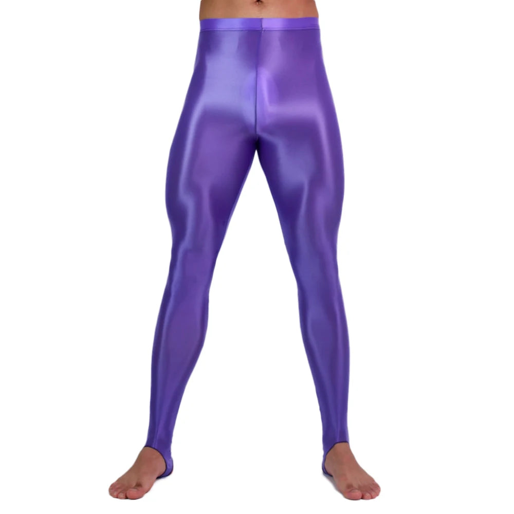 Men's Slim Tights Pencil Pants Stain Smooth  Oil Glossy Shiny Elastic Yoga Leggings Sheer See Through Full Pants Plus Size