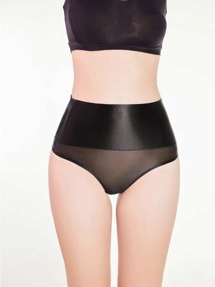 Sexy Sheer See Through High Waist Briefs Elastic Underwear Oil Glossy Shiny G-string Satin Smooth T-Back Push Up Hip Thong