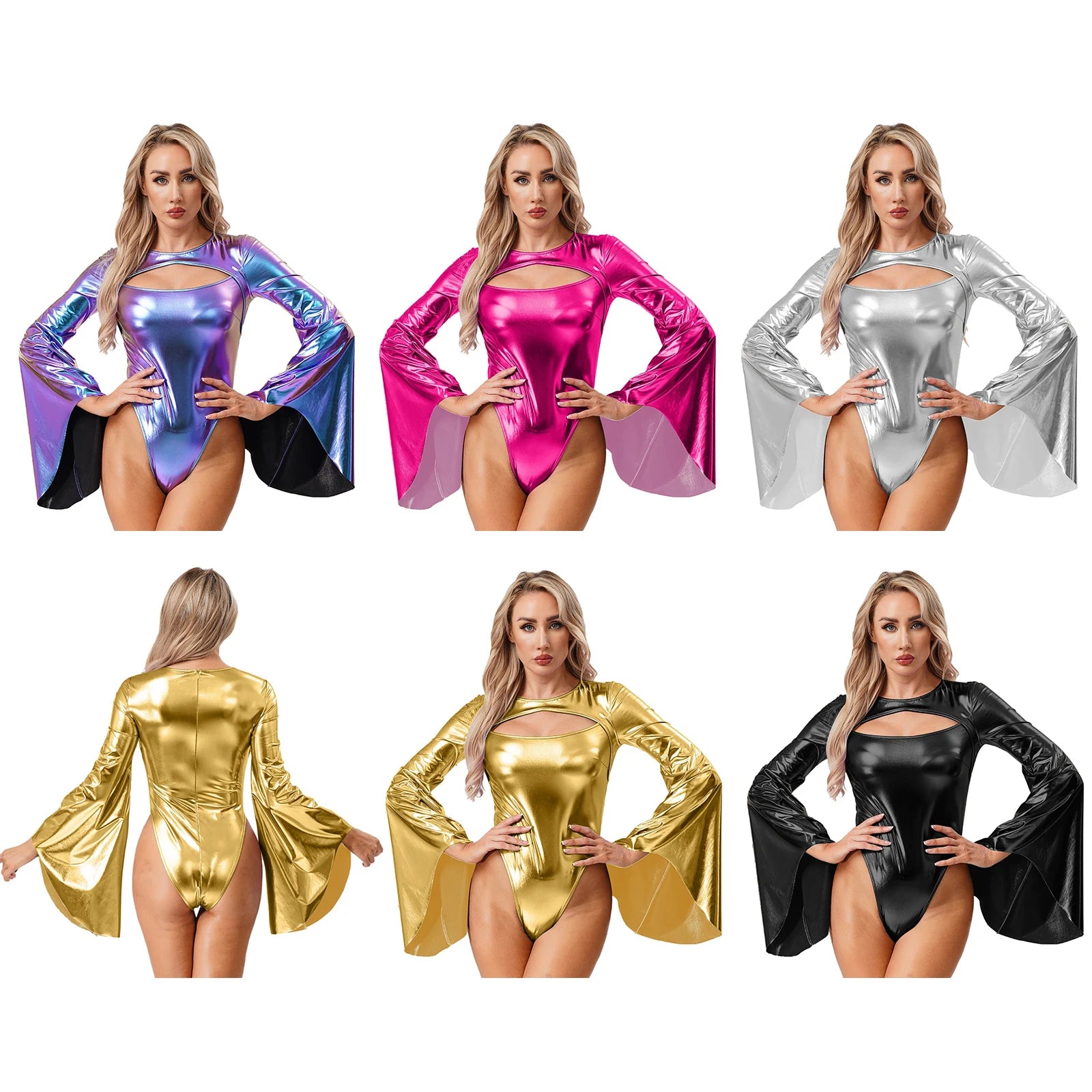 Metallic Flared Sleeve Cutout Disco Bodysuit & Metallic Rave Leotard